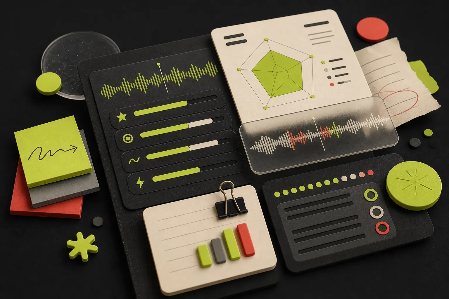 Speaking-practice desk with notebooks, audio waveforms, and feedback charts.