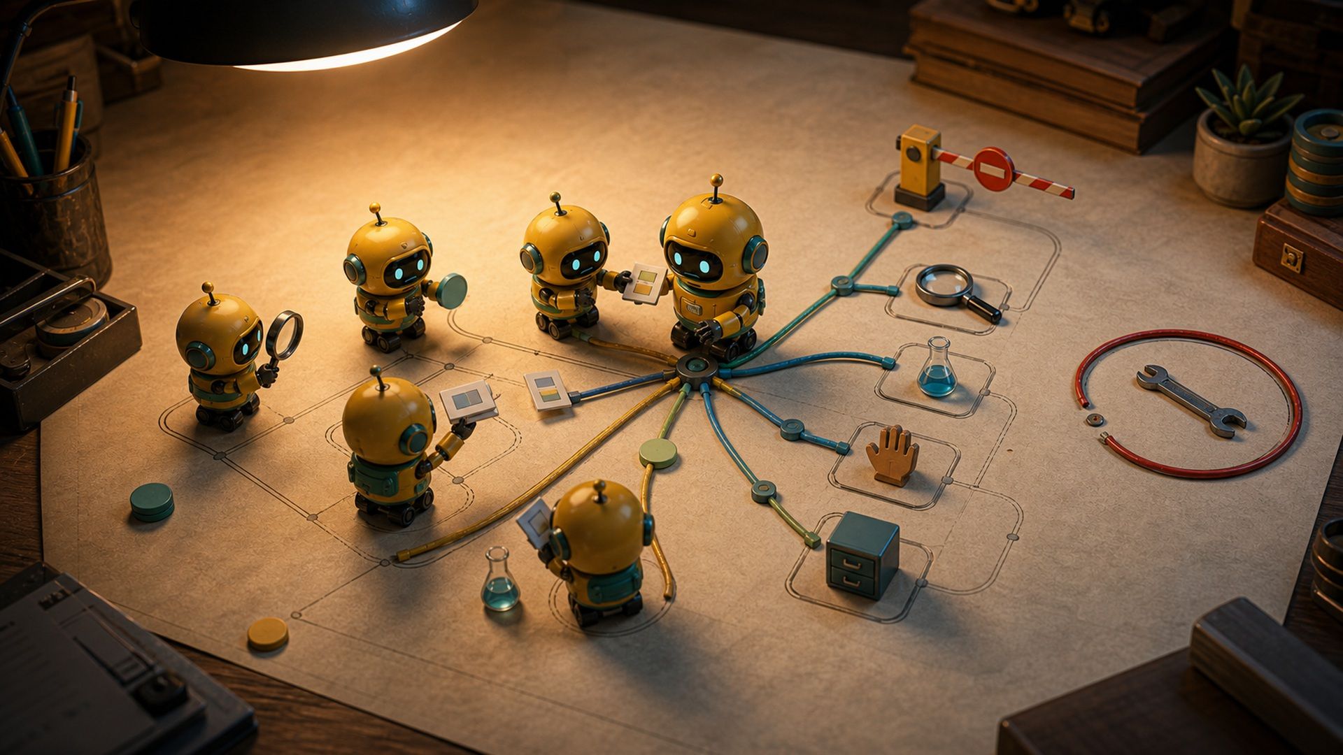 A council of small yellow BetaBots passes evidence to a manager at a branching decision map while an abandoned red repair loop glows nearby