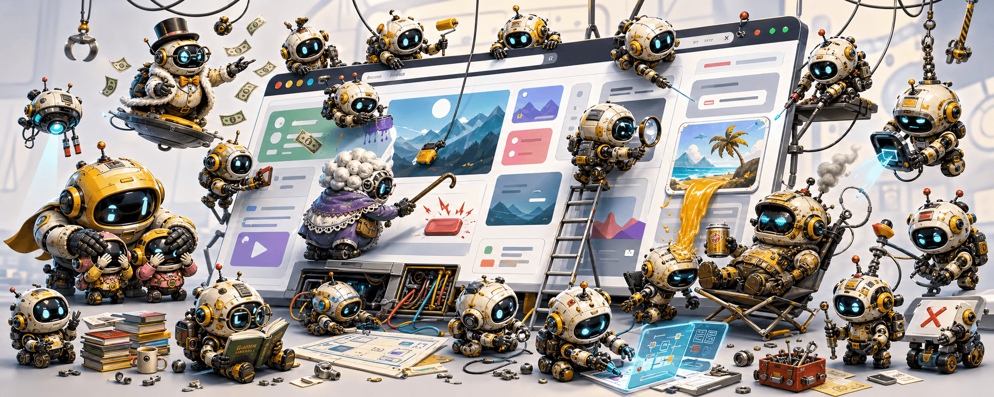 Small robot testers inspecting a digital product interface.