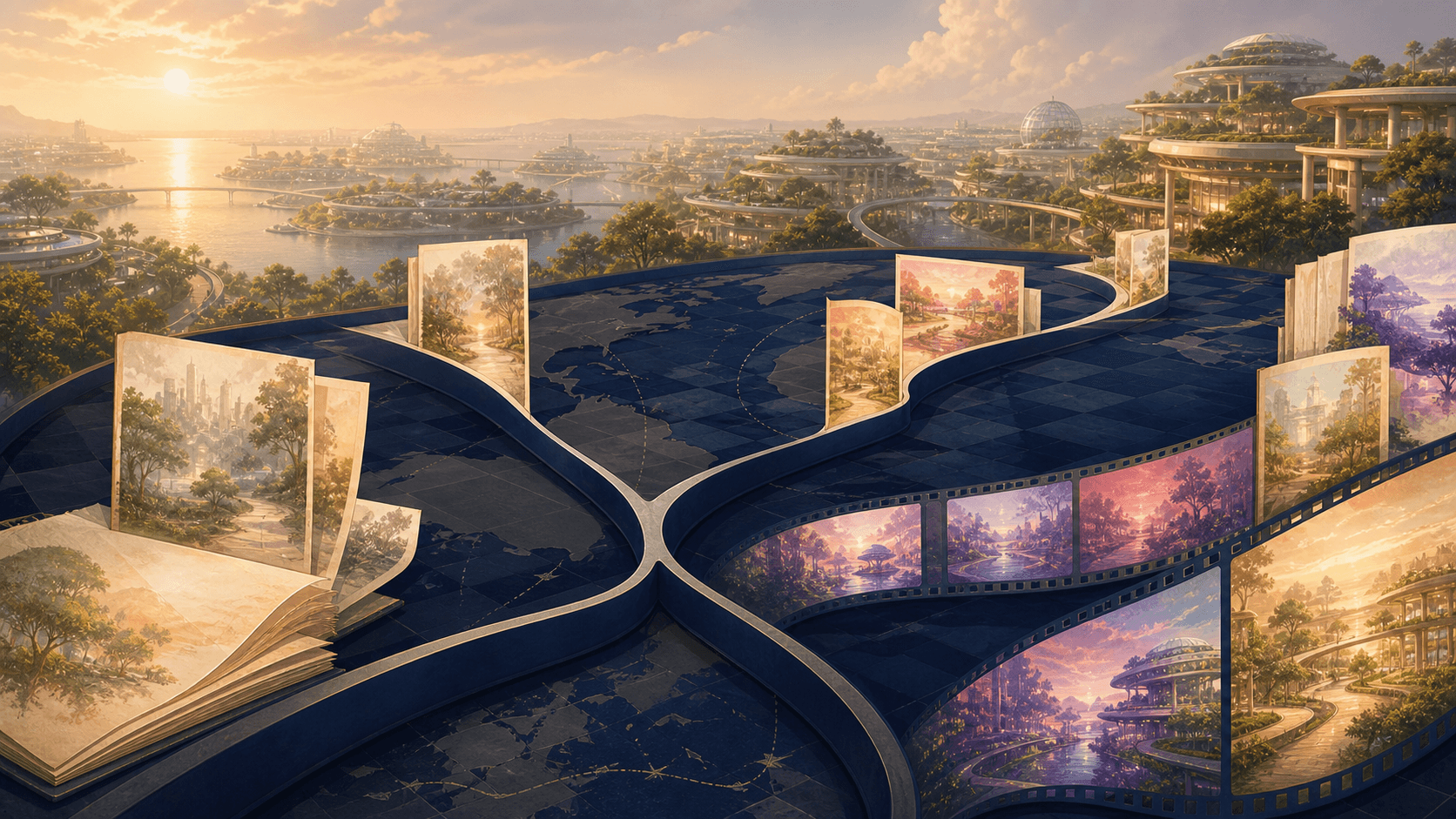 Branching life paths crossing a world map and illuminated memories.