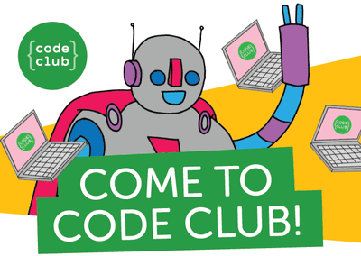 Colorful Code Club robot holding laptops above a welcome banner.