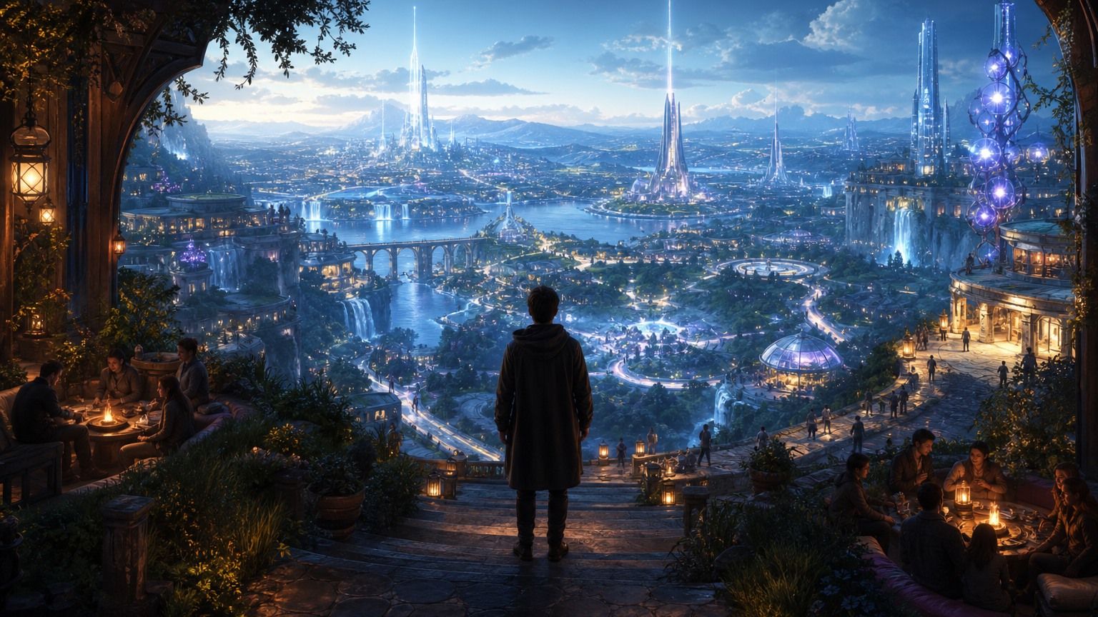 A person looking over a luminous future city built for human agency, community, and adventure