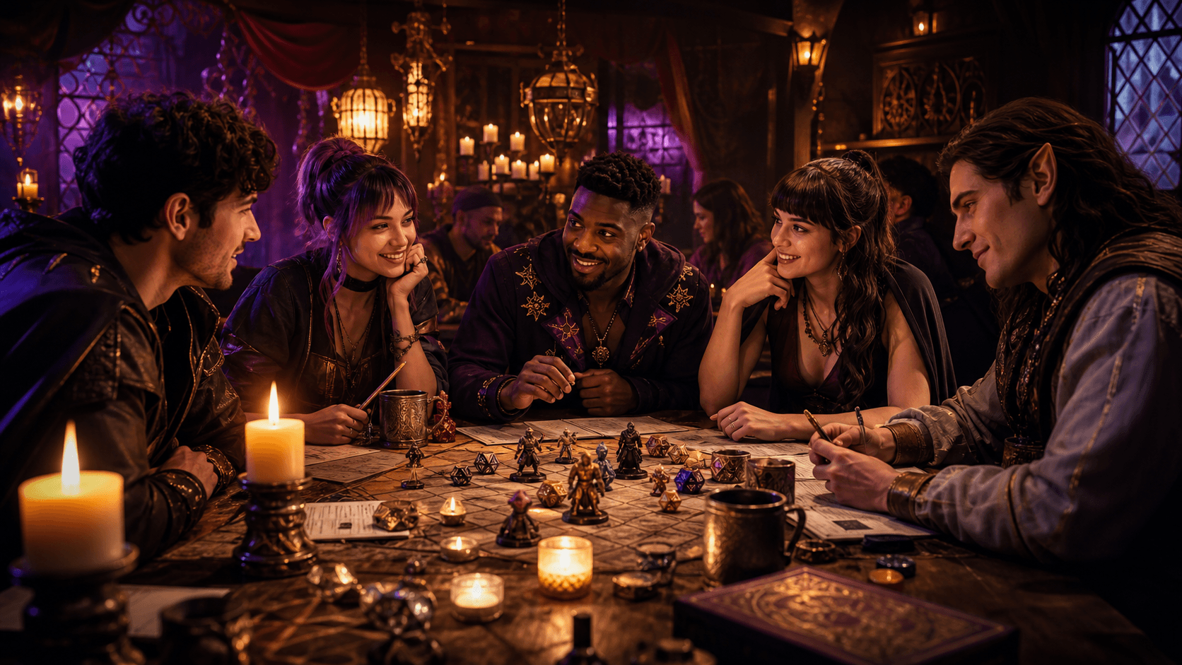Friends gathered around a tabletop role-playing game in a candlelit café.