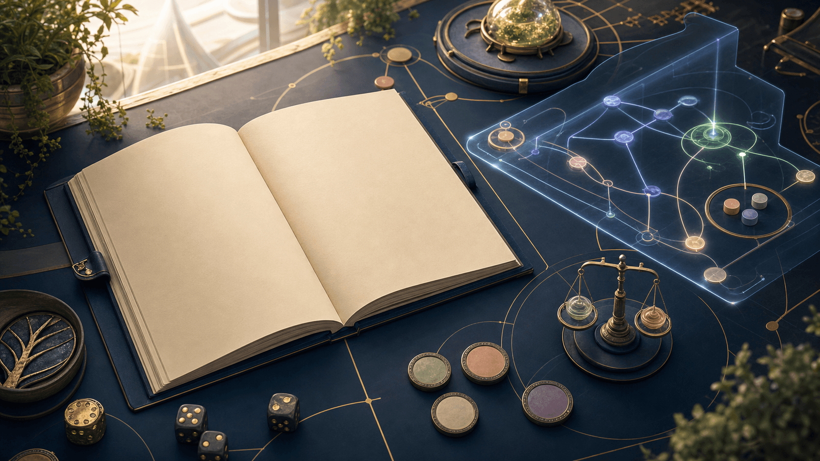 Open planner connected to game tokens, quest paths, and a skill map.