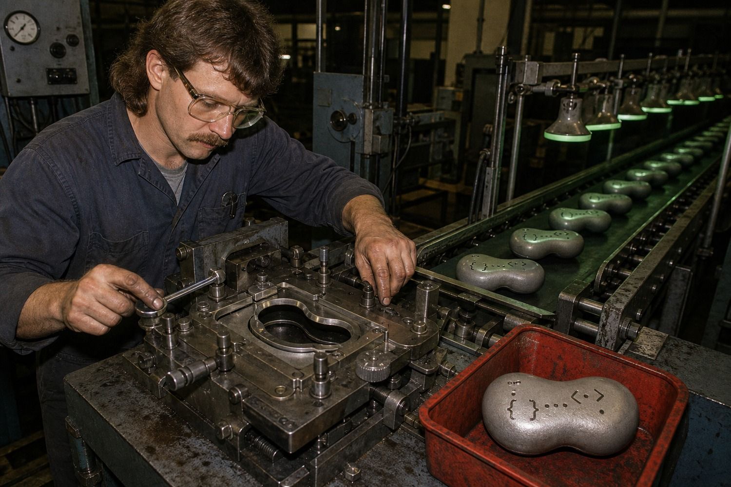 A factory technician adjusts a reusable upstream mold while corrected code-marked beans continue down the production line and one rejected bean remains in a red rework tray.