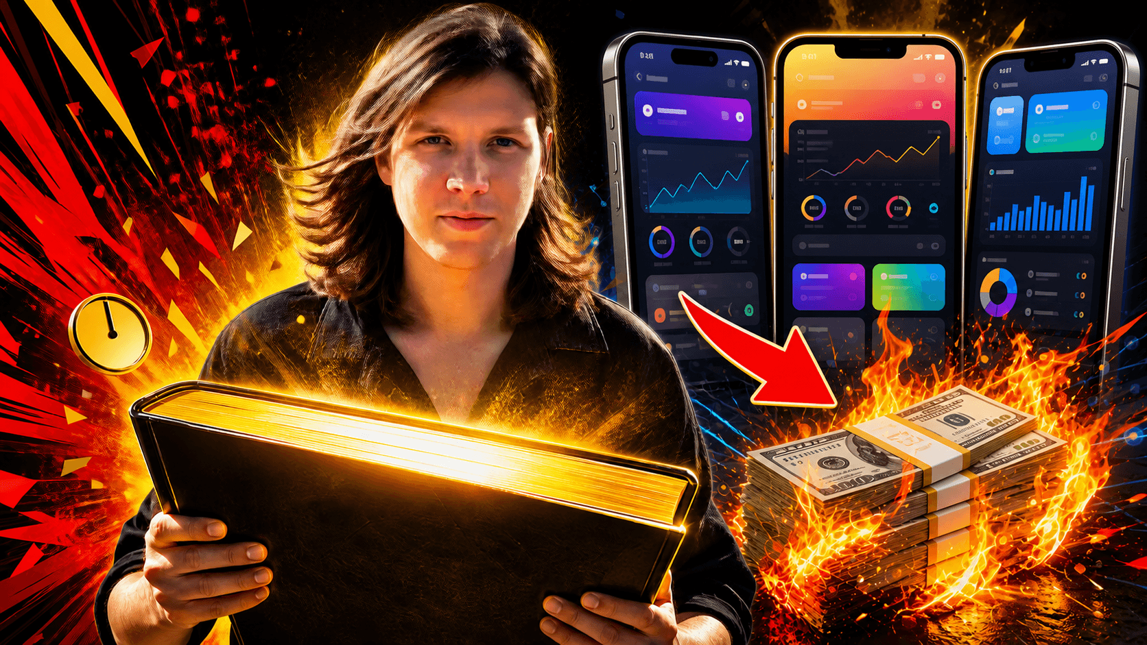 Editorial illustration of Yev holding a large ledger beside realistic smartphones running app-like dashboards, with money burning beneath a red arrow.