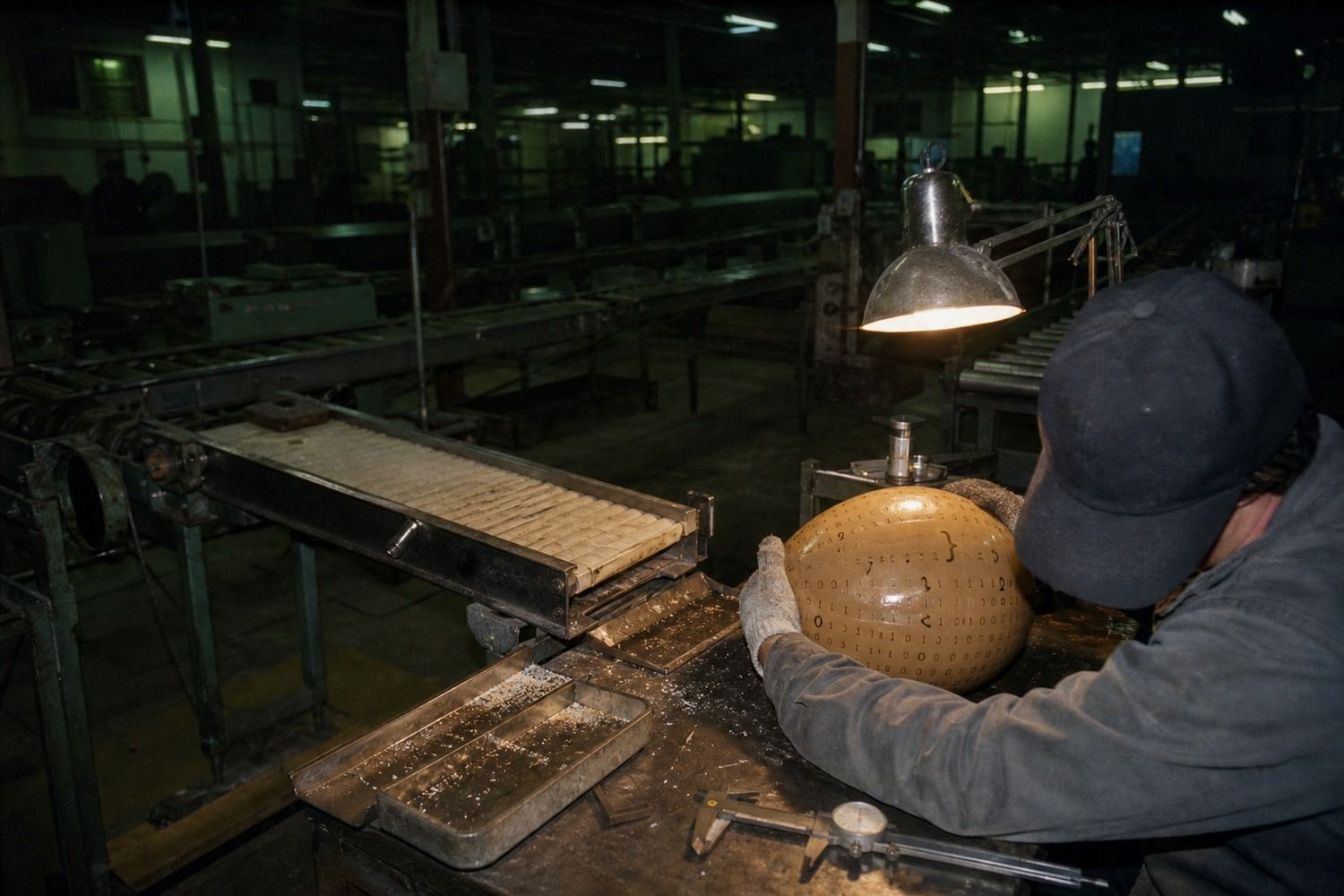 A solitary factory worker inspects one code-marked bean at a disconnected workstation while the larger production line sits idle in darkness.