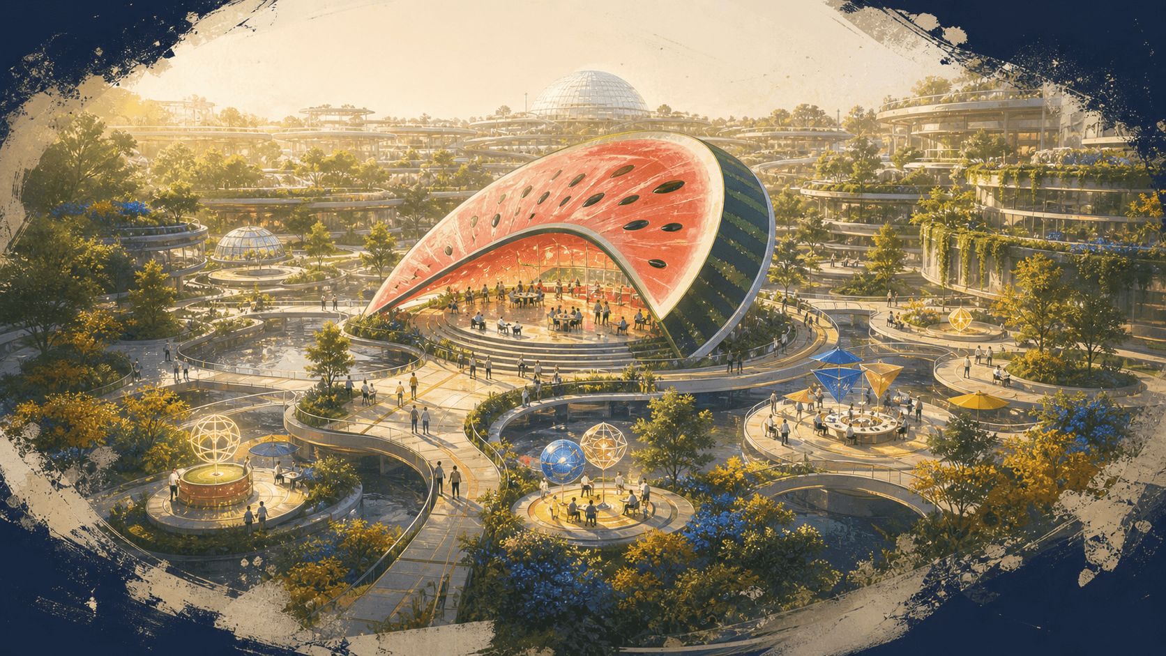 Watermelon-shaped community pavilion in a green future city.