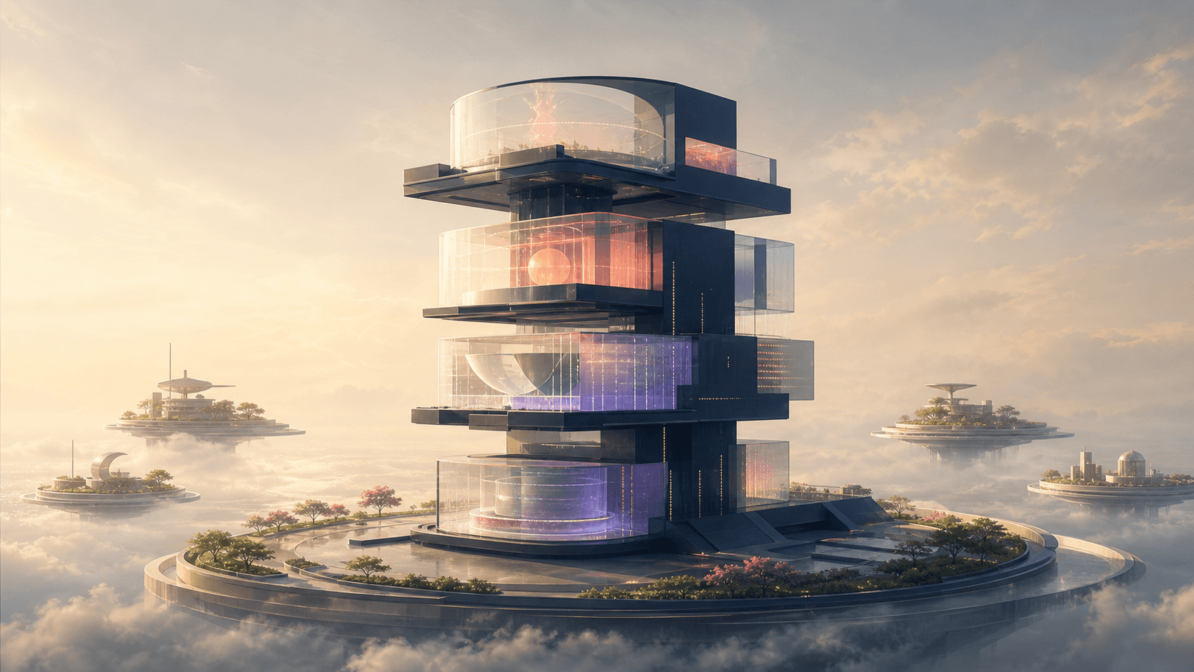 Modular glass technology tower assembled on a circular island.