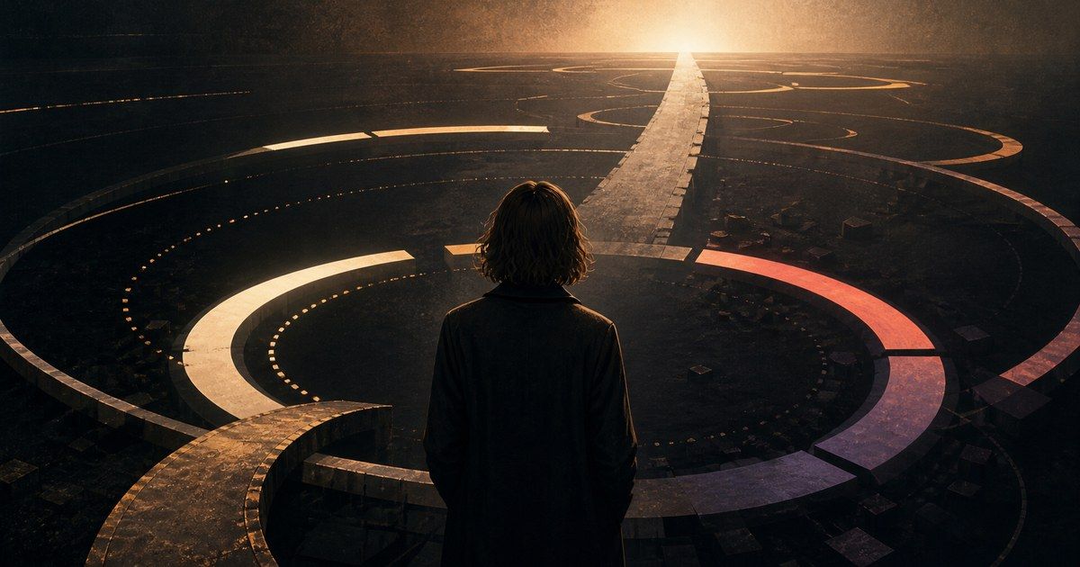 A person facing a luminous road through concentric, partially completed progress rings