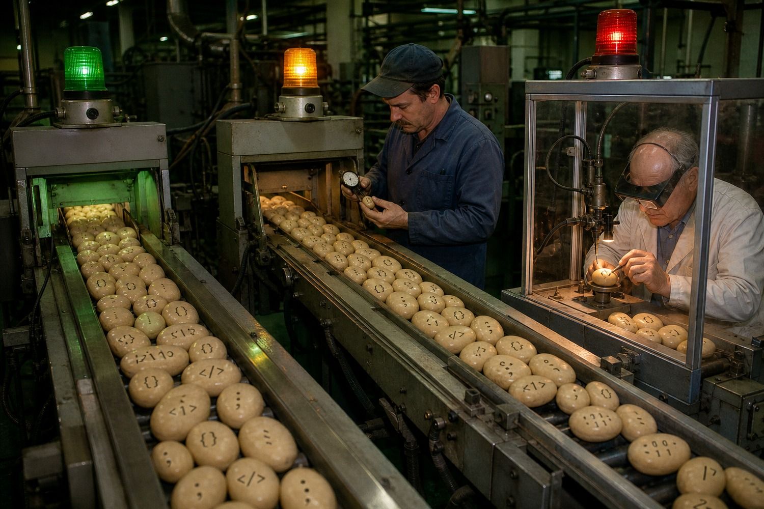 Three factory inspection lanes process code-marked beans: a green automated lane, an amber lane with a brief human check, and a red lane with deep inspection under magnification.