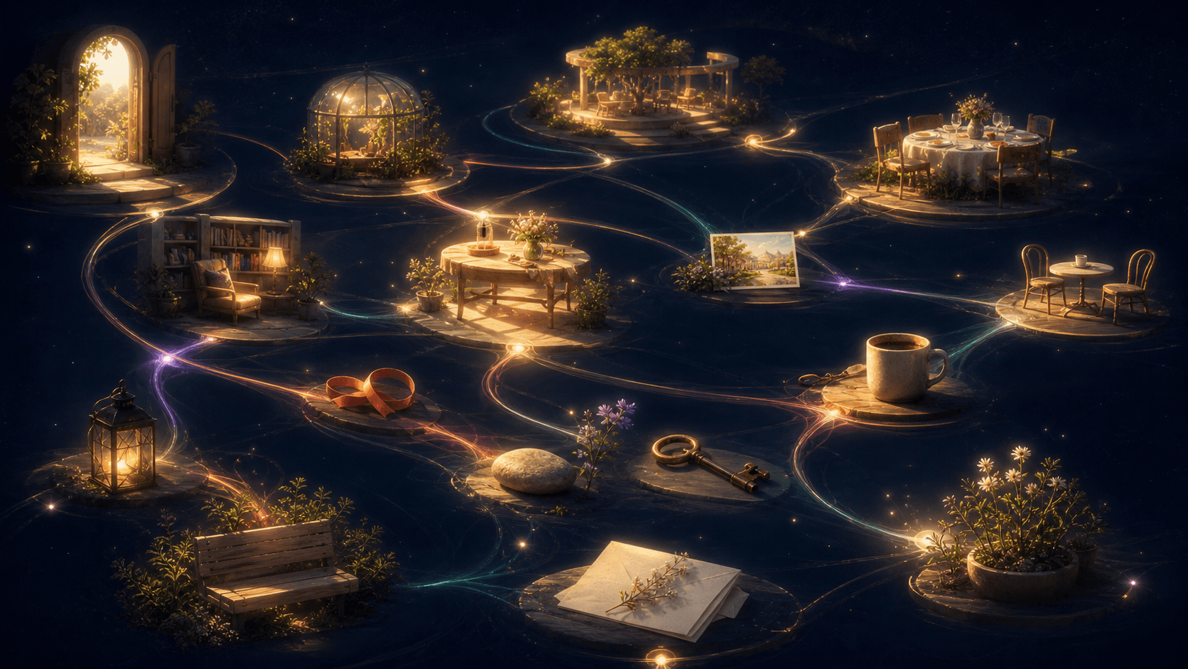 Warm constellation of relationship memories connected through a private archive.