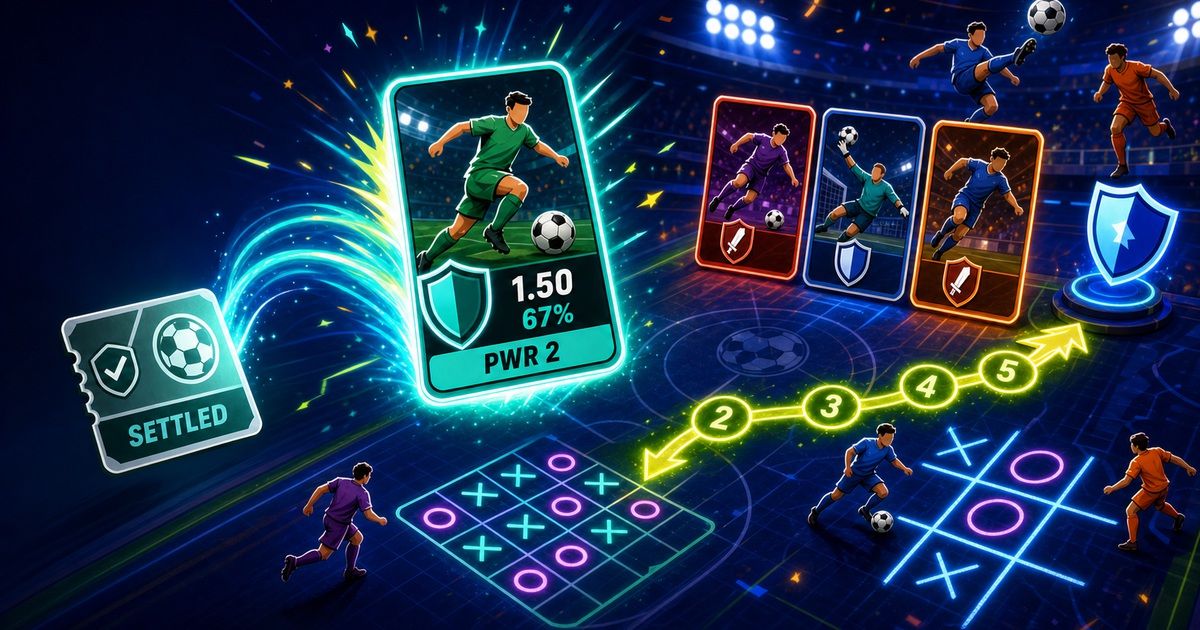 Illustrated settled football prediction transforming into a reusable game card and several persistent sports game boards in a stadium