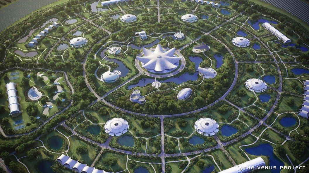 Aerial concept view of a circular sustainable city.