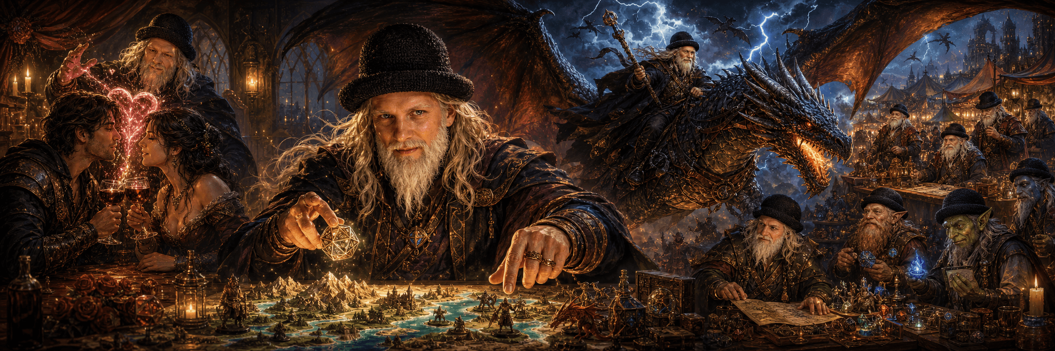 Fantasy dungeon master leaning over a campaign map and miniatures.
