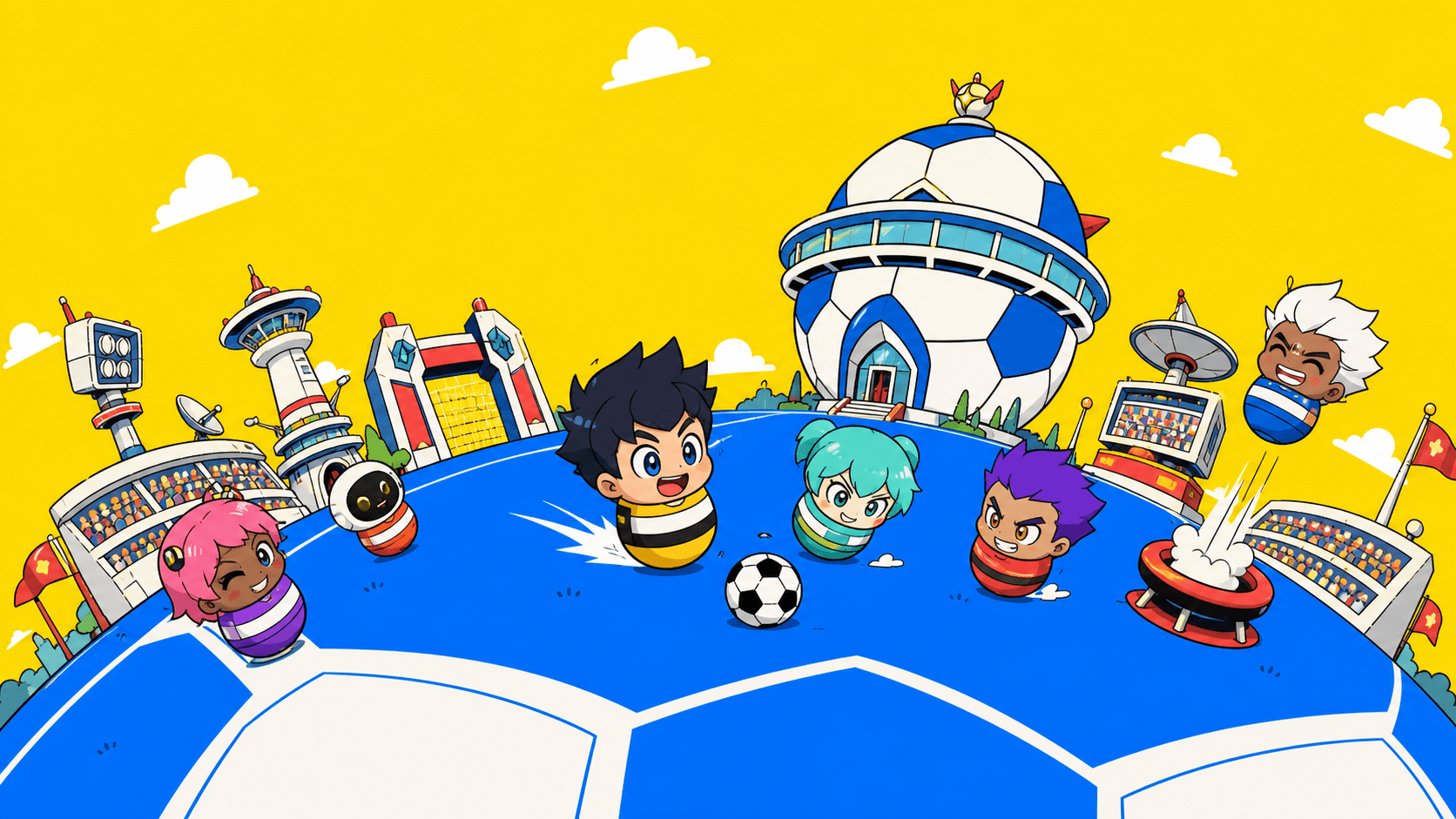 Cartoon handless players competing on the colorful PlanetBall field.