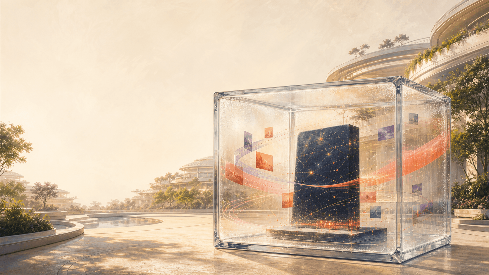 Transparent privacy cube holding protected watch-history patterns.