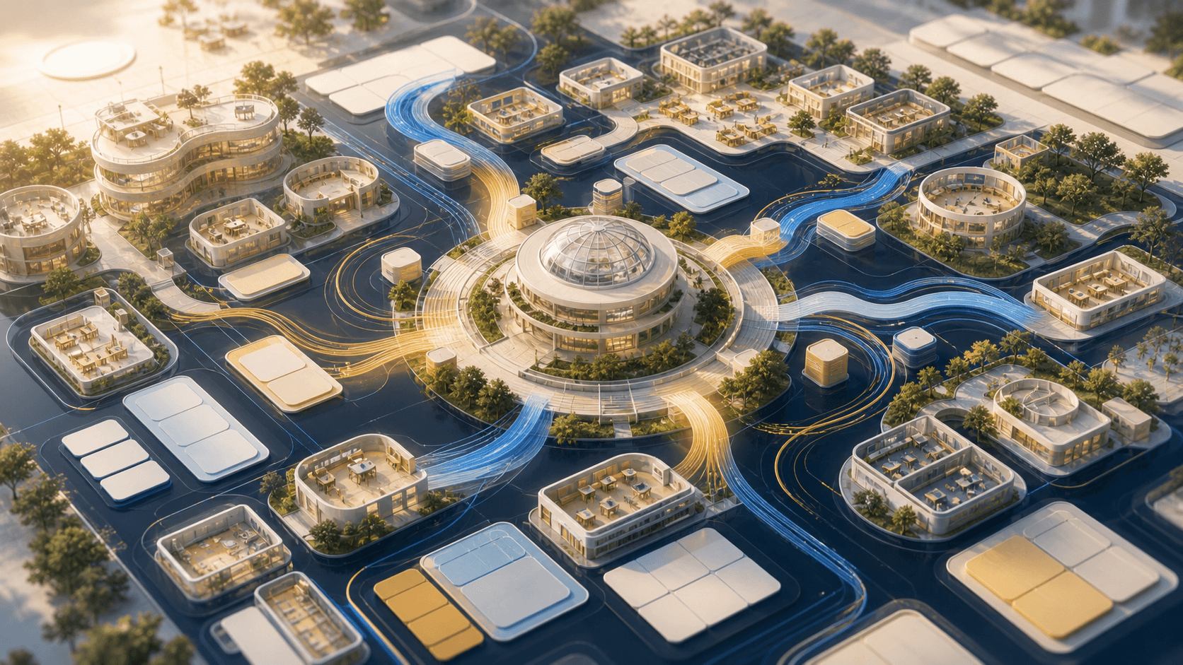 Future education campus connected by flowing blue scheduling and administration paths.