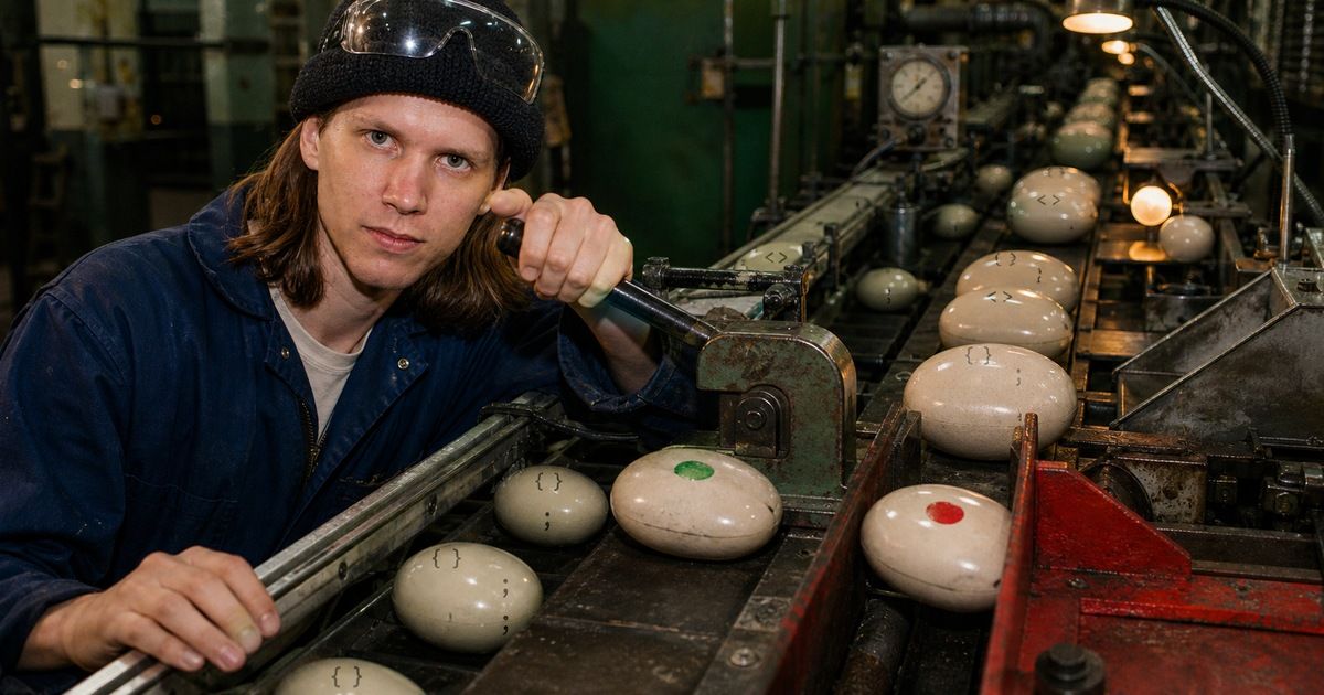 Yev dressed as a 1990s factory worker inspects code-marked beans on a conveyor, sending one through a green pass lane and another into a red rejection lane