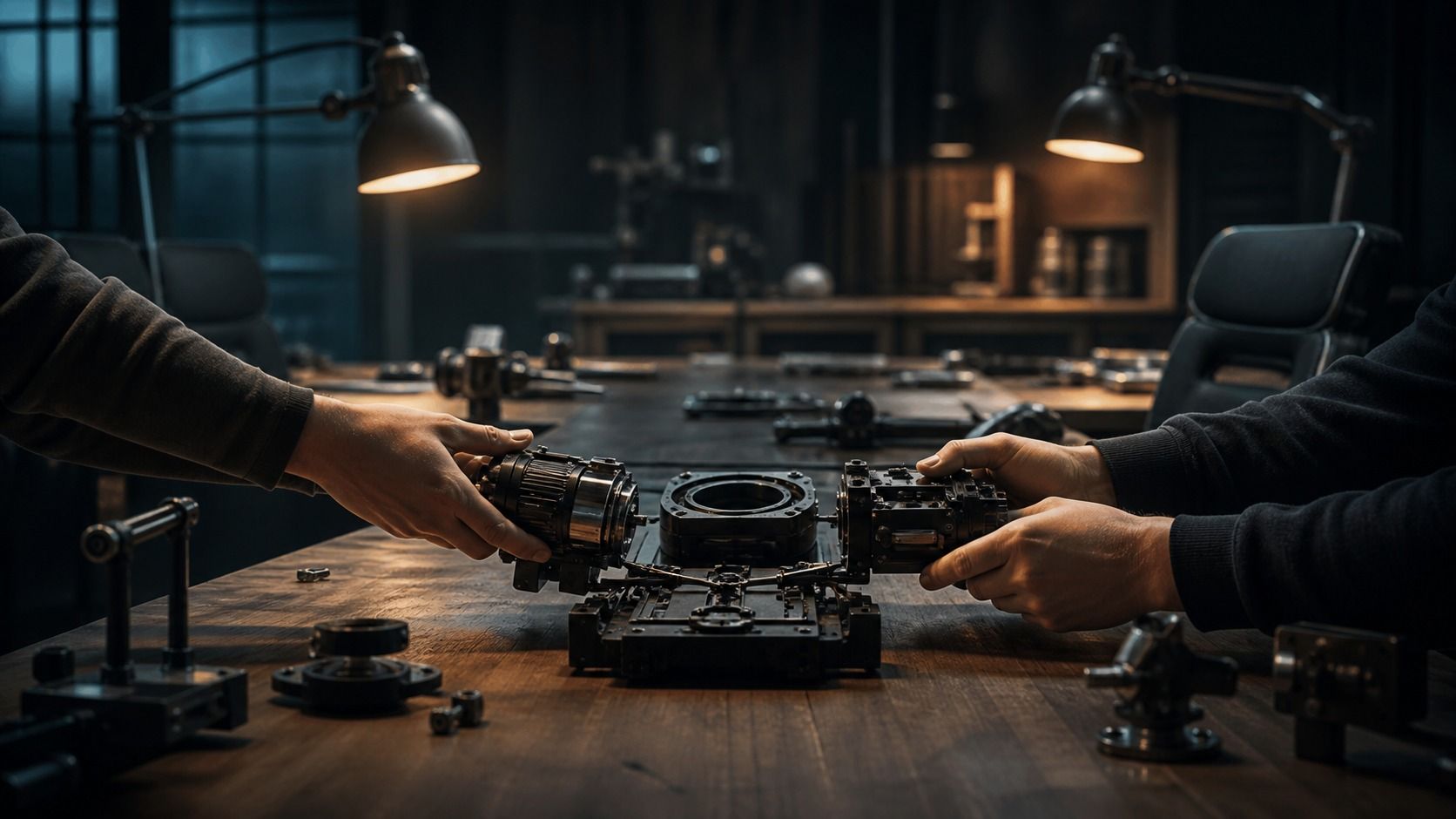 Two people join mechanical modules together across a shared workshop table.