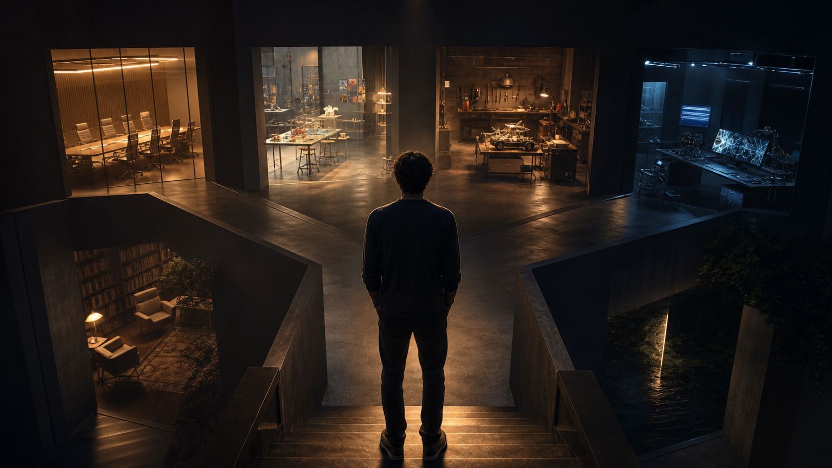 An anonymous professional stands where one staircase opens into several illuminated career paths.