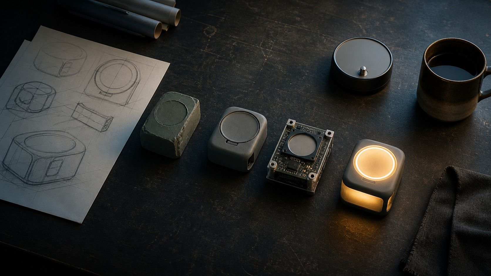 A workshop table progresses from rough product sketches to components and a glowing working prototype.